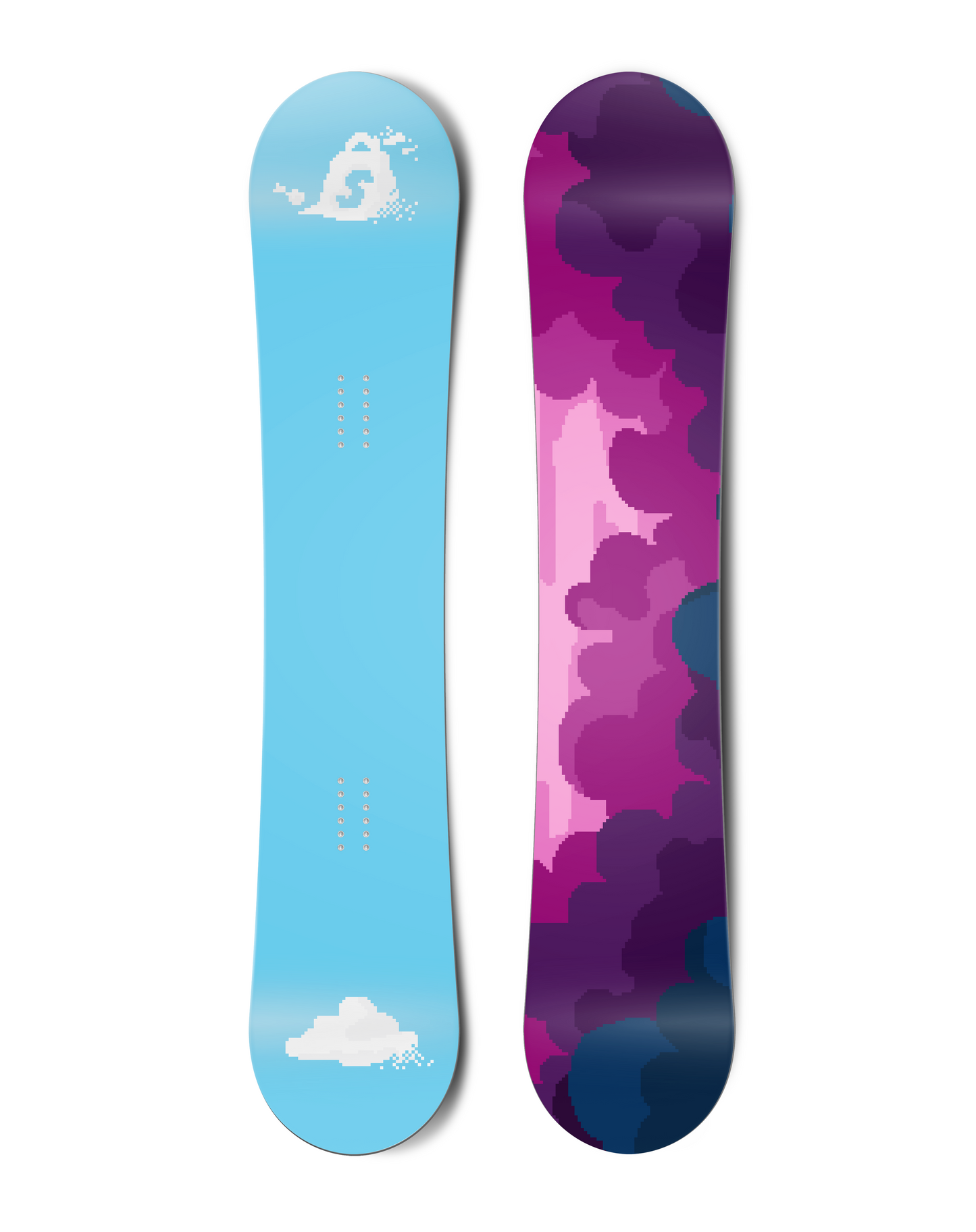 Top and bottom view of a snowboard. The top view shows pixelated clouds, with the top-most one being
the shape of the Shopify bag logo. The bottom view has a pixelated cloudy sky with blue, pink and purple
colours.